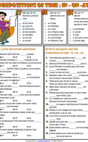 prepositions of time in on at esl grammar exercises worksheet