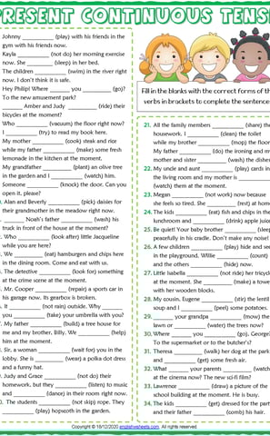 present continuous tense esl printable gap fill exercise worksheet