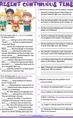 present continuous tense esl printable grammar test worksheet