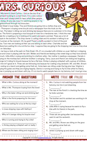 present continuous tense mrs curious esl reading comprehension exercises worksheets