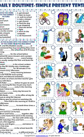 present simple daily routines esl printable gap fill exercise worksheet