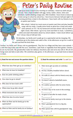 present simple peters daily routine esl reading comprehension worksheet