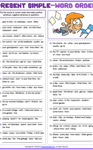present simple tense esl printable word order exercise worksheet