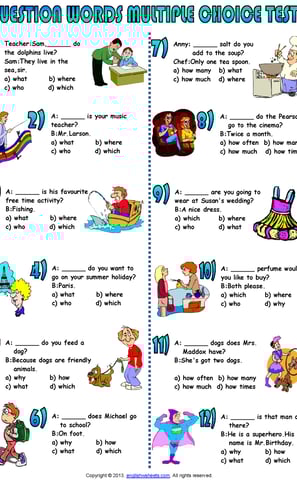 question words multiple choice what who where which how why how many worksheet