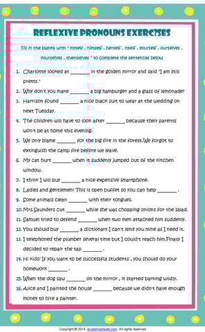 reflexive pronouns exercises esl grammar worksheet