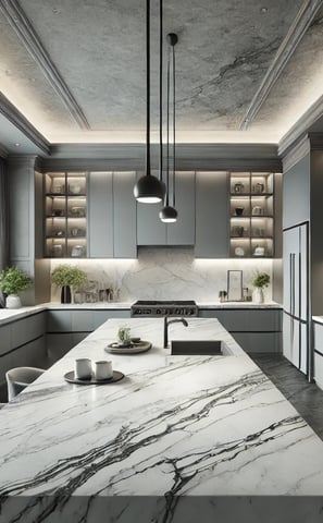 a kitchen with a marbled counter top