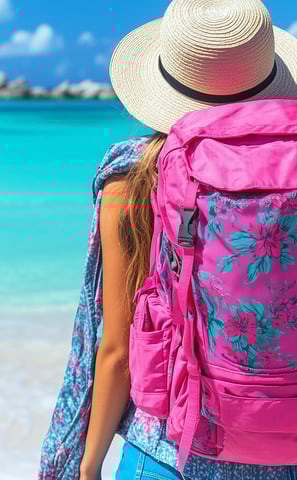 a woman in a hat and a pink backpacker