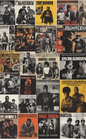 A collage of nine hip-hop album covers featuring various artists, each with distinct artwork. The covers display bold typography and imagery representing the artists' styles and the urban culture they belong to.