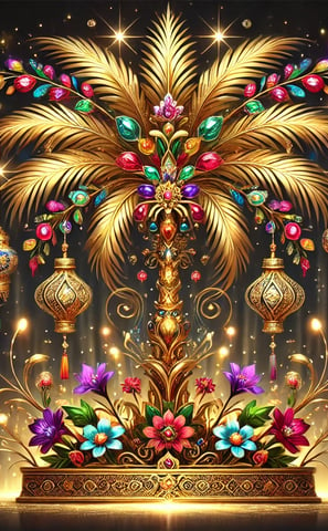 a golden tree with many colorful ornaments and decorations