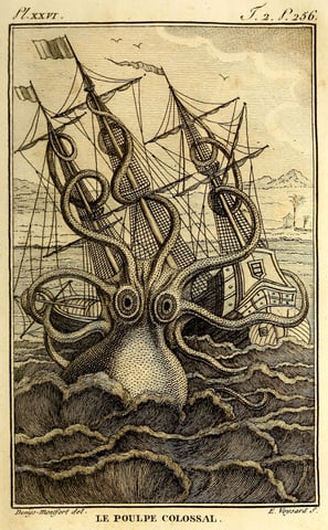 a large octopus attacking a ship in a large body of water