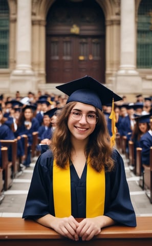 Two people are present, one assisting the other in adjusting a graduation cap and gown. Both are wearing academic robes with yellow stoles. They appear to be in an educational setting, possibly a hallway, with blurred background details.