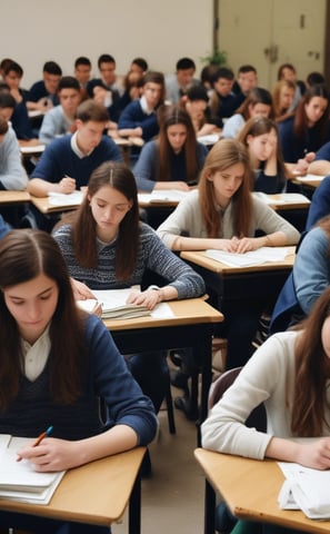A classroom setting with several people seated at long tables with laptops and papers, attending a presentation or workshop. A presenter is standing to the right of the image, engaging with the audience. The room is well-lit, with a large banner on the wall displaying the topic 'Student Question in the Contemporary Classroom'. Various items such as flowers, cups, and boxes are placed on the tables.