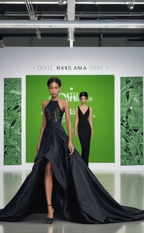 A fashion model walks down a runway in a high-fashion ensemble featuring a white dress with bold bla