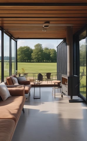 A black, minimalistic tiny house on wheels is situated in a forested area. The house features a small window and a door with a light above it. There's a picnic table in front on a gravel ground. The surrounding is dense with tall trees, and the ambiance feels serene and secluded.