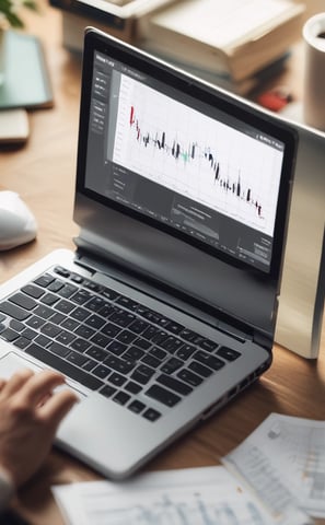 An interior space with a high ceiling featuring a large electronic board displaying various financial data and numbers. There is modern seating with red and white chairs, and a person is walking through the room.
