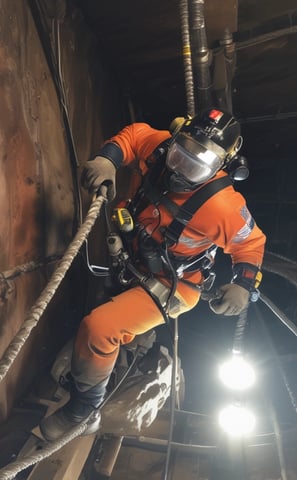 Two workers are suspended on ropes, painting or cleaning the exterior of a tall building. They are positioned on a vertical wall with multiple rectangular windows, dressed in safety gear.