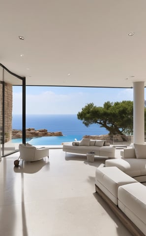 A luxurious house is surrounded by lush greenery and palm trees, featuring a manicured lawn where several tall birds are standing. The building has a modern architectural style with large windows and a spacious veranda.