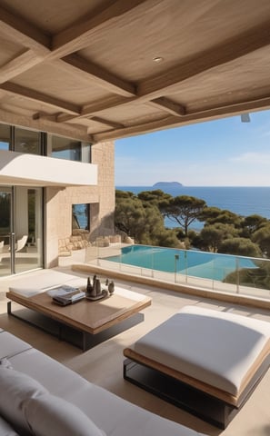A luxurious two-story house with a white facade and wrap-around balcony overlooking a pristine swimming pool in the foreground. Tropical plants and trees surround the property, enhancing the serene atmosphere. The modern extension on the right side features large windows and wooden paneling.