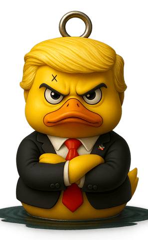 a rubber duck with a red tie and a black suit