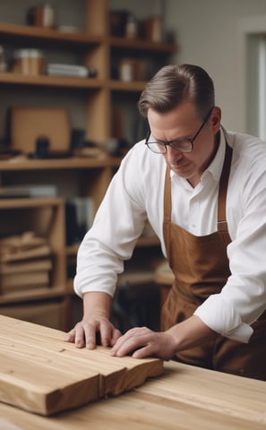 A man is working with a machine in a woodworking shop, wearing a turban and glasses. He is focused on the task at hand, surrounded by neatly stacked pieces of wood. The atmosphere appears to be industrious and traditional, reflecting a wood crafting process.