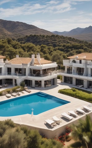 A luxurious villa with a red-tiled roof is set against a backdrop of dark, cloudy skies. There is a clear blue swimming pool in the patio area surrounded by a wooden deck. The lush greenery and landscaped plants border the patio, adding to the tranquil atmosphere.