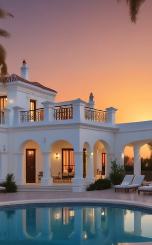 A luxurious villa serves as the backdrop to a lush garden area with sun loungers scattered on a well-manicured lawn. The building is a grand, multi-story structure with multiple windows and balconies. Tall, mature trees flank the garden, providing a sense of privacy and tranquility. A few people are visible, some relaxing on the loungers while others enjoy the nearby pool. There's a sense of summer leisure and relaxation captured in the scene.