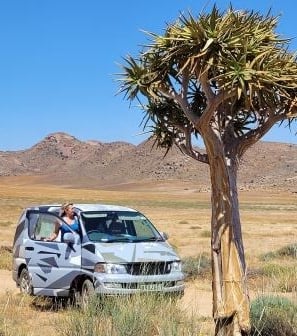 a lady on a road trip stops next to a tree in the karoo in South Africa