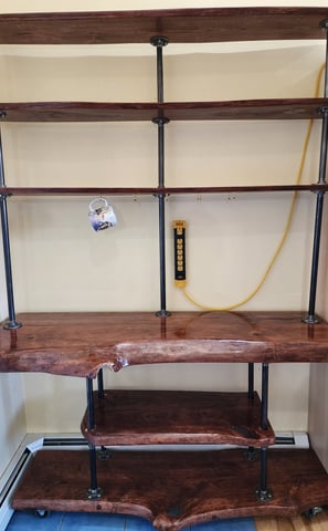 Custom coffee table or bar with extra shelves built w/ live edge wood