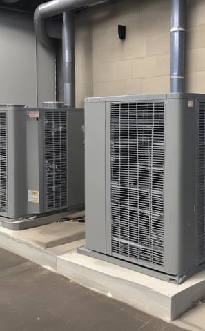 Three air conditioning units mounted on the exterior wall of a building, with a closed vent in the center. The wall is a warm, peach color and the units have a beige finish. A black cable runs vertically along the left side of the image.