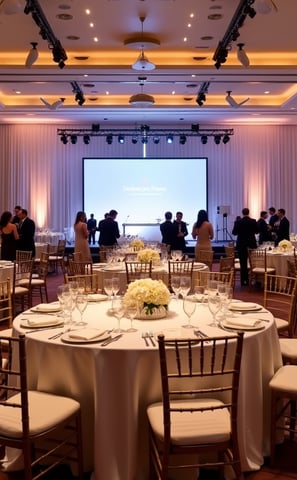 Luxury corporate event setup in Miami featuring elegant tables, gold Chiavari chairs, stage with LED screens, branded signage