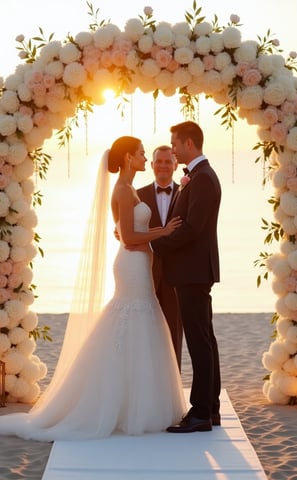 Elegant beachfront wedding ceremony in Miami with bride and groom exchanging vows under a floral arch, featuring luxury decor