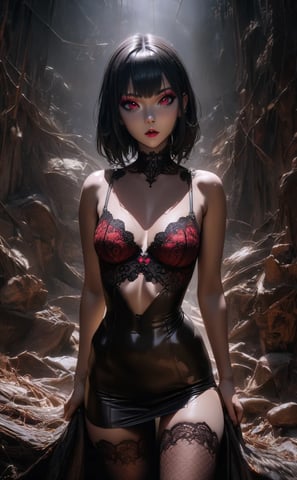 a woman in a black and red lingersuit