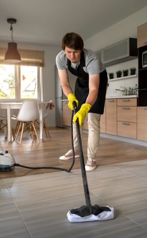 a man in a black apron and yellow gloves cleaning a floor