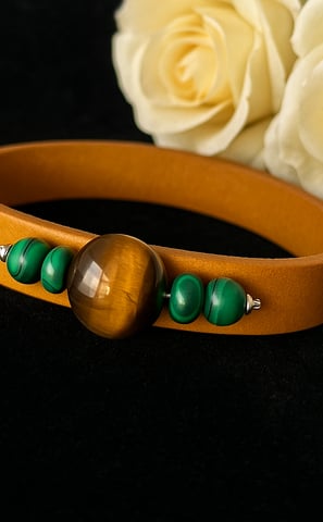 Bracelet mixte en cuir et pierres naturelles œil du tigre et malachite