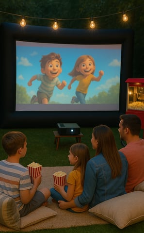 a family watching a movie in a backyard