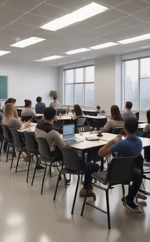 A large group of people, consisting of both men and women, are gathered in a room. Some are sitting on chairs while others are standing around them. The room seems to be set up for a professional training or workshop, as indicated by a banner in the background. The environment appears formal, with a presentation screen and tables with documents and water bottles.