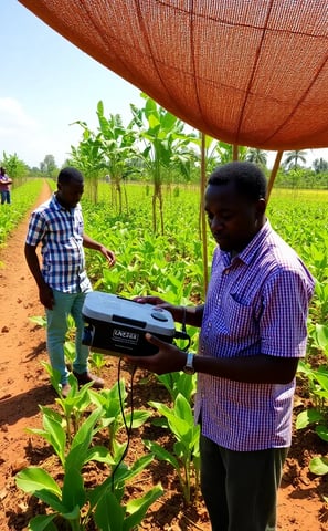 Farmers Using Technology, An image of farmers using smartphones or tablets in the field, analyzing