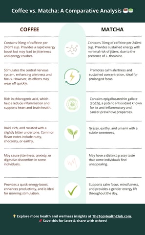 Coffee vs. Matcha: Infographic comparing energy boost, caffeine crash, and antioxidants.