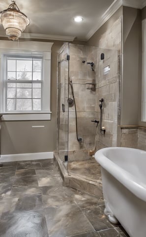 a bathroom with a tub tub and a shower
