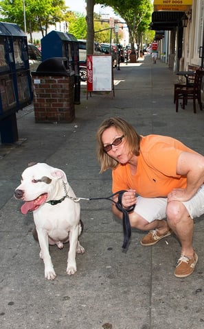a woman in a orange shirt is holding a leash and a dog