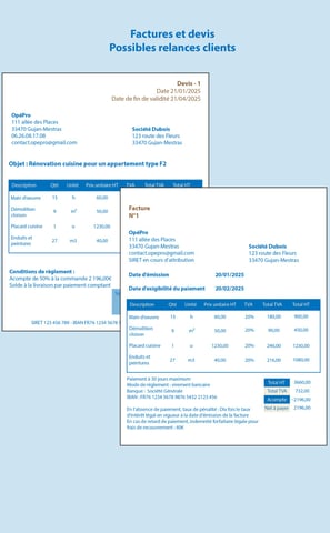 Factures et devis : suivi et relances clients simplifiées.