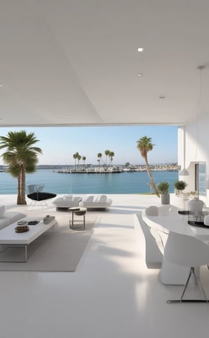 A luxurious residential area featuring a villa with a tile roof surrounded by palm trees and lush landscaping. In the background, a tranquil lake reflects the clear blue sky, and mountains rise up in the distance, creating a serene and picturesque setting.