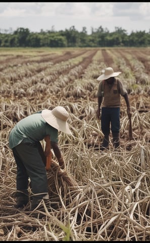 A large group of people working in a sugarcane field, with some cutting the stalks and others bundling them. The scene includes a palm tree, several horses, and a man on horseback. The setting has a clear sky with some clouds and windmills in the background.