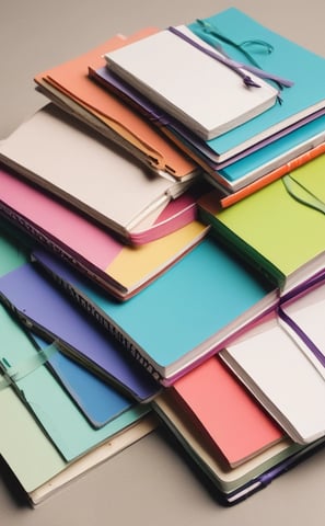 A stack of notebooks or journals with different colored covers and ribbon bookmarks is piled on a dark surface. The covers are textured, varying in patterns and colors, and the pages appear to be slightly used, suggesting regular use.