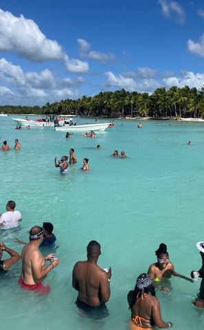 a group of people in the water at a beach