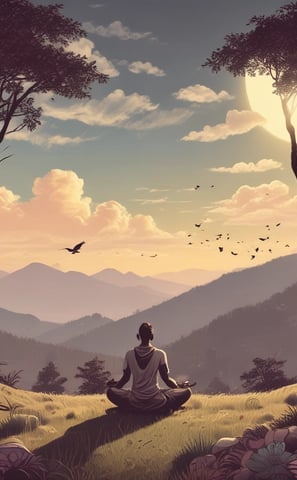 A person is meditating in a seated position with crossed legs on a rock, surrounded by a natural landscape with hills and a clear sky in the background. The individual is wearing a gray t-shirt, shorts, a beanie, and has a relaxed posture with hands resting on their knees.