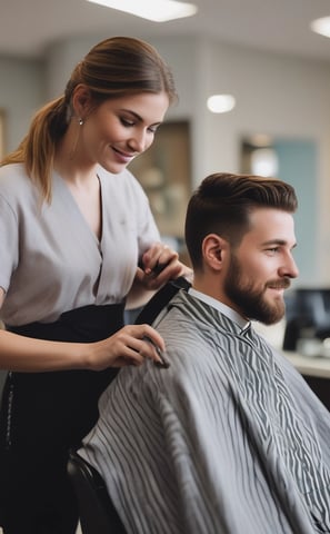 A young child sits in a barbershop chair with a haircut cape draped over, while a barber styles their hair. The barber is wearing a denim jacket and appears focused on their task. The setting is a barbershop with shelves and various items in the background.