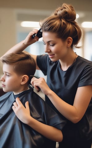 A man in a barber shop chair is having his hair cut by a barber. The barber, wearing a plaid shirt, carefully trims the man's hair. The salon features wooden walls and shelves with various hair products, accompanied by warm lighting from small, circular lights.