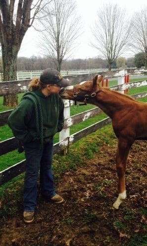 Erica Hayden kissing a horse in a field by a fence