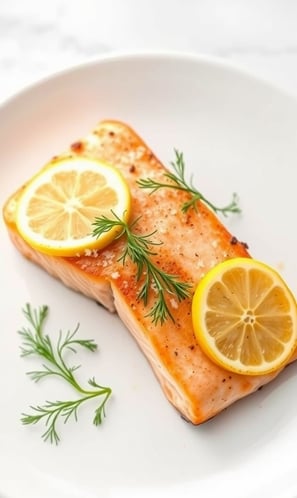 a salmon steak with lemons and lemonade on a plate